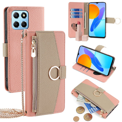 Honor X6 Crossbody Phone Case with Litchi Texture Leather, Adjustable Kickstand, Card Slots, Zipper Purse, Makeup Mirror, and TPU Protection