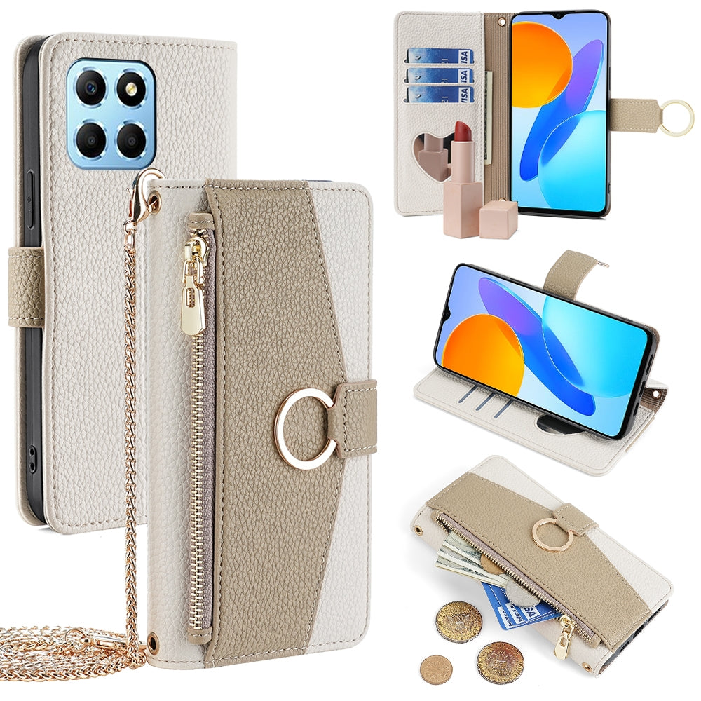 Honor X8 5G Crossbody Phone Case with Litchi Texture Leather, Adjustable Kickstand, Card Slots, Zipper Purse, Makeup Mirror, and TPU Protection