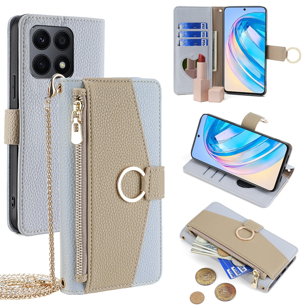 Honor X8a Crossbody Phone Case with Litchi Texture Leather, Adjustable Kickstand, Card Slots, Zipper Purse, Makeup Mirror, and TPU Protection