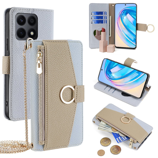 Honor X8a Crossbody Phone Case with Litchi Texture Leather, Adjustable Kickstand, Card Slots, Zipper Purse, Makeup Mirror, and TPU Protection