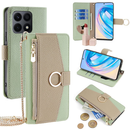 Honor X8a Crossbody Phone Case with Litchi Texture Leather, Adjustable Kickstand, Card Slots, Zipper Purse, Makeup Mirror, and TPU Protection