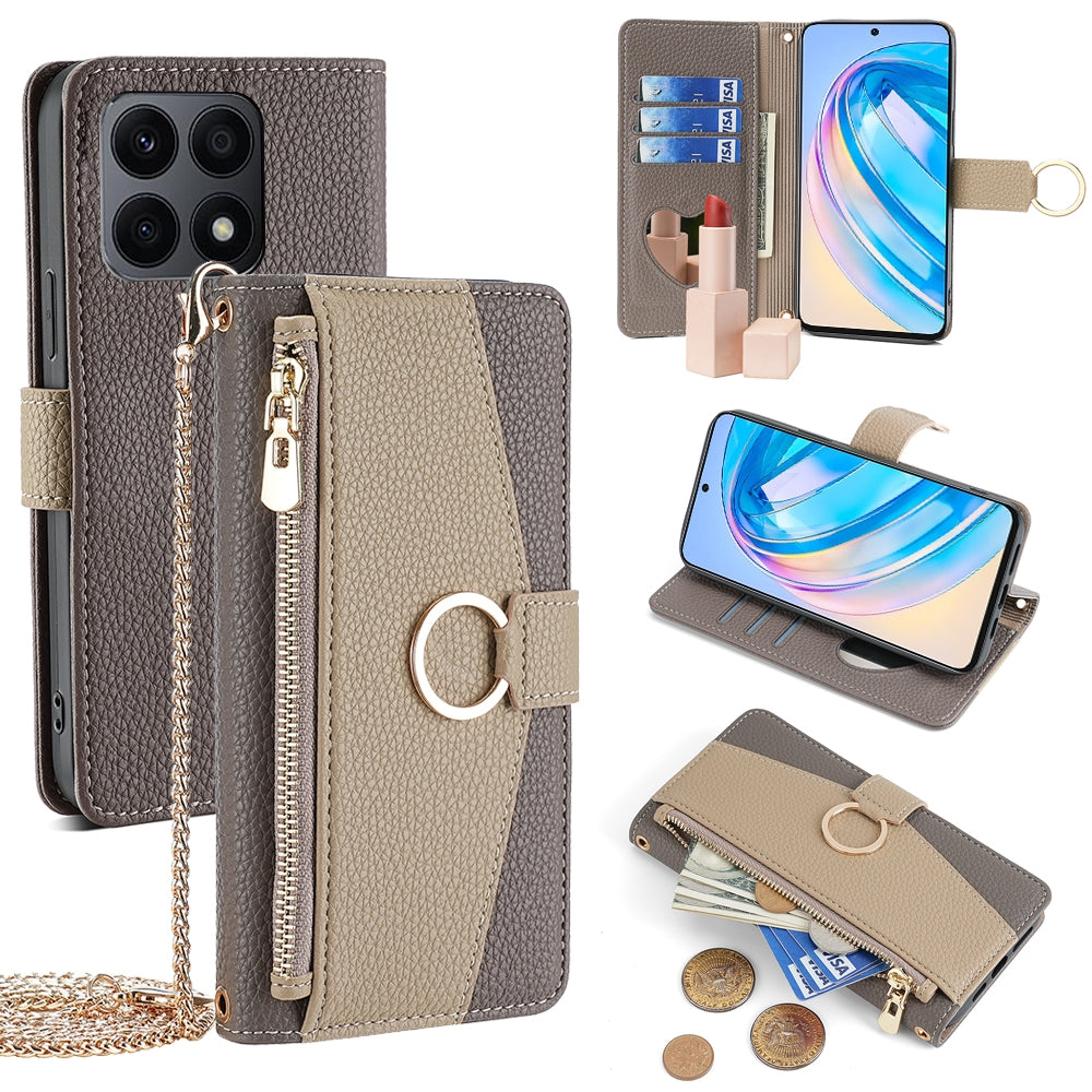 Honor X8a Crossbody Phone Case with Litchi Texture Leather, Adjustable Kickstand, Card Slots, Zipper Purse, Makeup Mirror, and TPU Protection