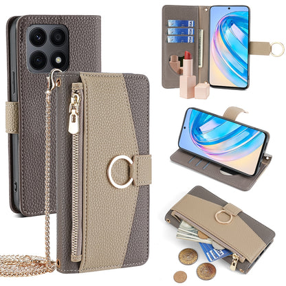 Honor X8a Crossbody Phone Case with Litchi Texture Leather, Adjustable Kickstand, Card Slots, Zipper Purse, Makeup Mirror, and TPU Protection