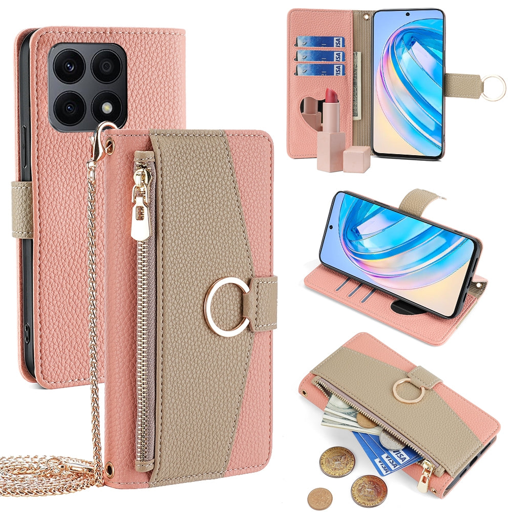 Honor X8a Crossbody Phone Case with Litchi Texture Leather, Adjustable Kickstand, Card Slots, Zipper Purse, Makeup Mirror, and TPU Protection