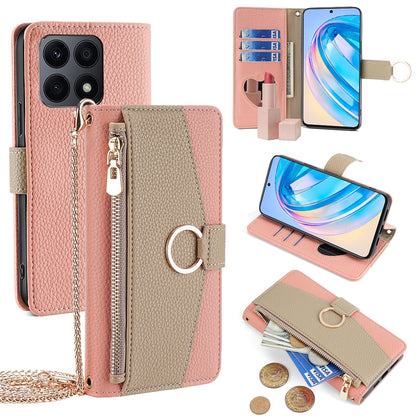 Honor X8a Crossbody Phone Case with Litchi Texture Leather, Adjustable Kickstand, Card Slots, Zipper Purse, Makeup Mirror, and TPU Protection