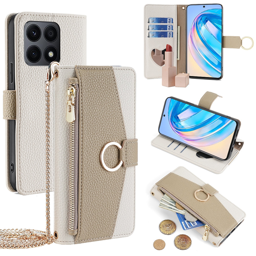 Honor X8a Crossbody Phone Case with Litchi Texture Leather, Adjustable Kickstand, Card Slots, Zipper Purse, Makeup Mirror, and TPU Protection