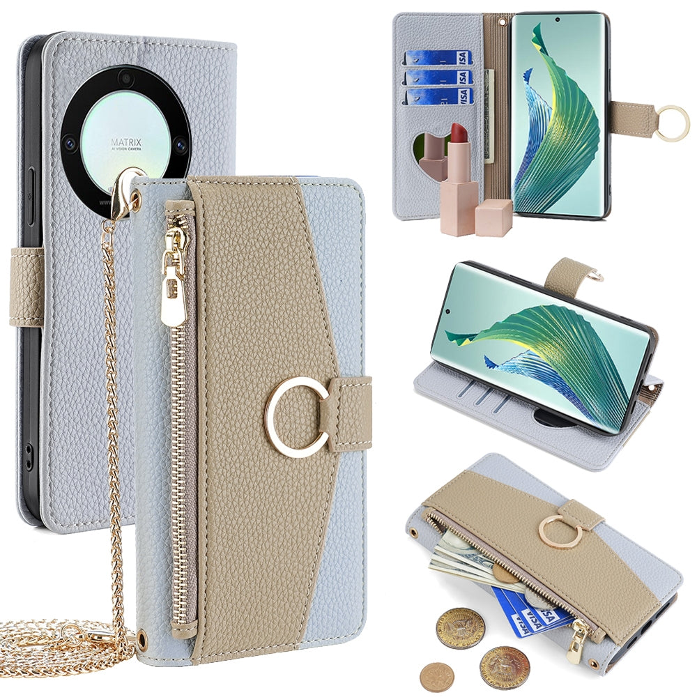 Honor X9a 5G Crossbody Phone Case with Litchi Texture Leather, Adjustable Kickstand, Card Slots, Zipper Purse, Makeup Mirror, and TPU Protection