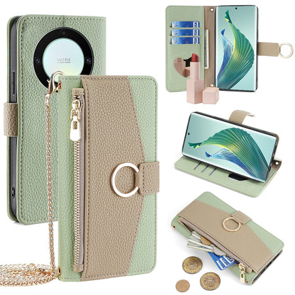 Honor X9a 5G Crossbody Phone Case with Litchi Texture Leather, Adjustable Kickstand, Card Slots, Zipper Purse, Makeup Mirror, and TPU Protection