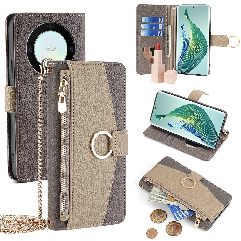 Honor X9a 5G Crossbody Phone Case with Litchi Texture Leather, Adjustable Kickstand, Card Slots, Zipper Purse, Makeup Mirror, and TPU Protection