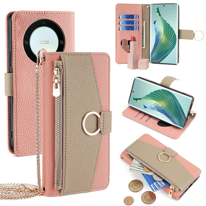 Honor X9a 5G Crossbody Phone Case with Litchi Texture Leather, Adjustable Kickstand, Card Slots, Zipper Purse, Makeup Mirror, and TPU Protection