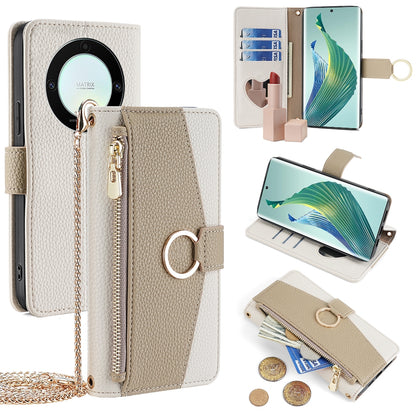 Honor X9a 5G Crossbody Phone Case with Litchi Texture Leather, Adjustable Kickstand, Card Slots, Zipper Purse, Makeup Mirror, and TPU Protection