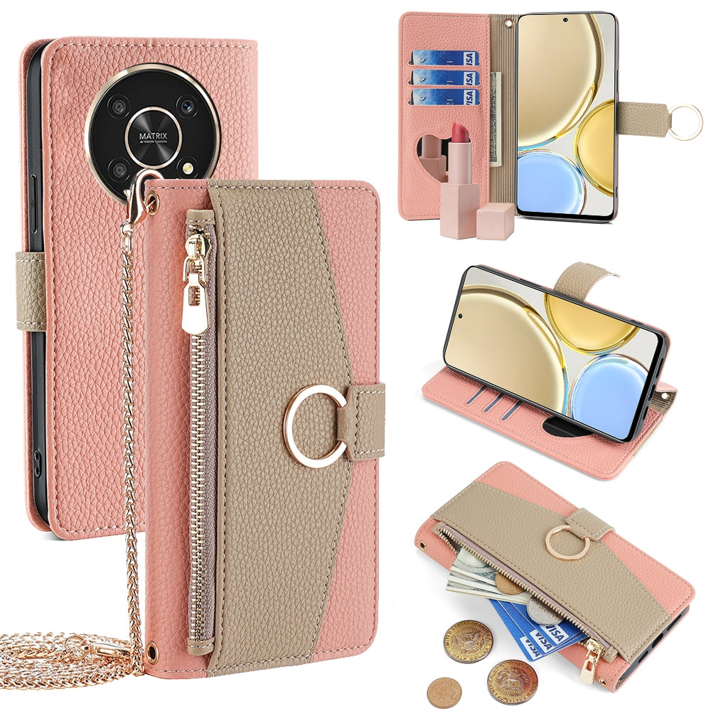 Honor X30 Crossbody Phone Case with Litchi Texture Leather, Adjustable Kickstand, Card Slots, Zipper Purse, Makeup Mirror, and TPU Protection