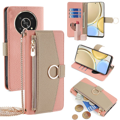 Honor X30 Crossbody Phone Case with Litchi Texture Leather, Adjustable Kickstand, Card Slots, Zipper Purse, Makeup Mirror, and TPU Protection