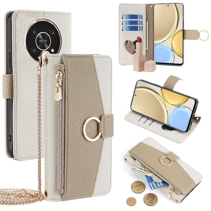 Honor X30 Crossbody Phone Case with Litchi Texture Leather, Adjustable Kickstand, Card Slots, Zipper Purse, Makeup Mirror, and TPU Protection
