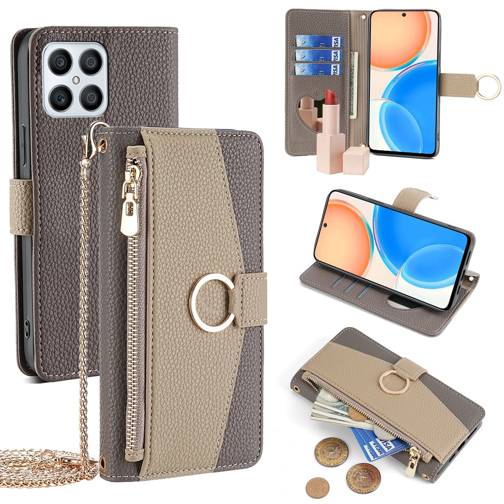 Honor X30i Crossbody Phone Case with Litchi Texture Leather, Adjustable Kickstand, Card Slots, Zipper Purse, Makeup Mirror, and TPU Protection