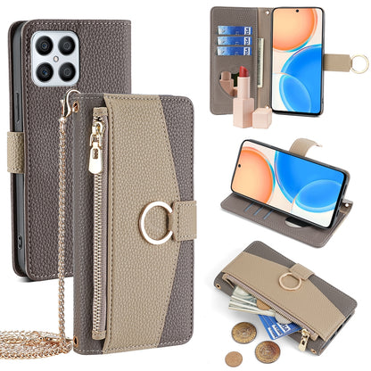 Honor X8 Crossbody Phone Case with Litchi Texture Leather, Adjustable Kickstand, Card Slots, Zipper Purse, Makeup Mirror, and TPU Protection