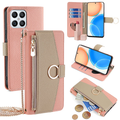 Honor X30i Crossbody Phone Case with Litchi Texture Leather, Adjustable Kickstand, Card Slots, Zipper Purse, Makeup Mirror, and TPU Protection