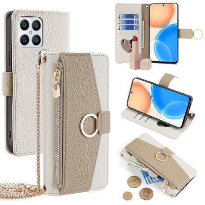Honor X8 Crossbody Phone Case with Litchi Texture Leather, Adjustable Kickstand, Card Slots, Zipper Purse, Makeup Mirror, and TPU Protection