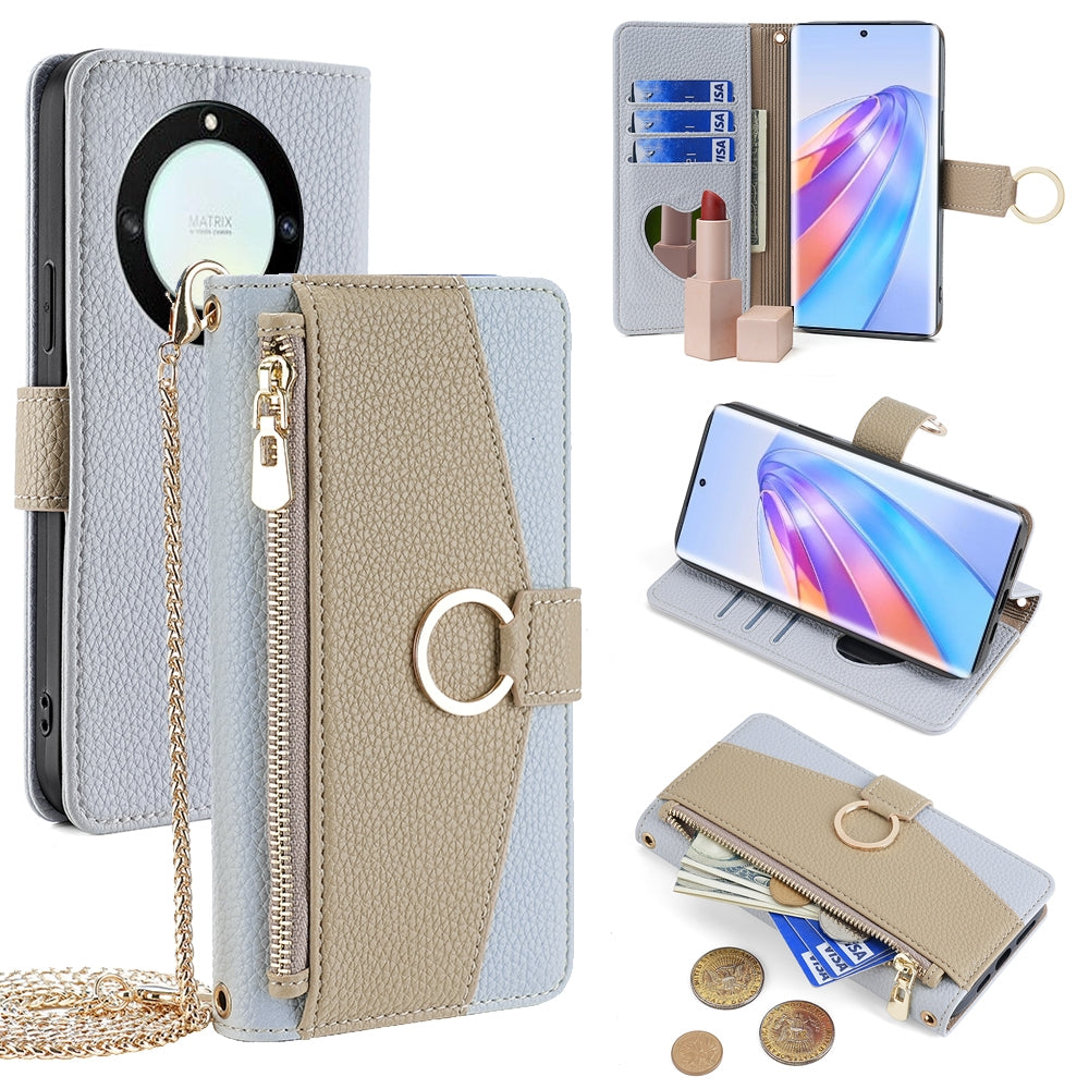 Honor X40 Crossbody Phone Case with Litchi Texture Leather, Adjustable Kickstand, Card Slots, Zipper Purse, Makeup Mirror, and TPU Protection