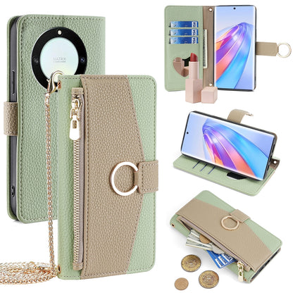 Honor X40 Crossbody Phone Case with Litchi Texture Leather, Adjustable Kickstand, Card Slots, Zipper Purse, Makeup Mirror, and TPU Protection
