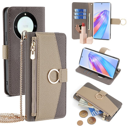 Honor X40 Crossbody Phone Case with Litchi Texture Leather, Adjustable Kickstand, Card Slots, Zipper Purse, Makeup Mirror, and TPU Protection