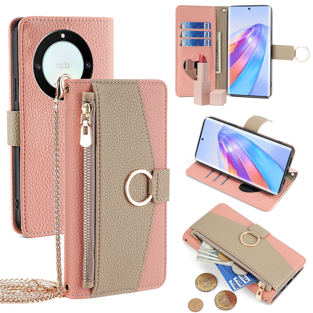 Honor X40 Crossbody Phone Case with Litchi Texture Leather, Adjustable Kickstand, Card Slots, Zipper Purse, Makeup Mirror, and TPU Protection