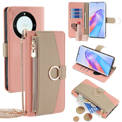 Honor X40 Crossbody Phone Case with Litchi Texture Leather, Adjustable Kickstand, Card Slots, Zipper Purse, Makeup Mirror, and TPU Protection
