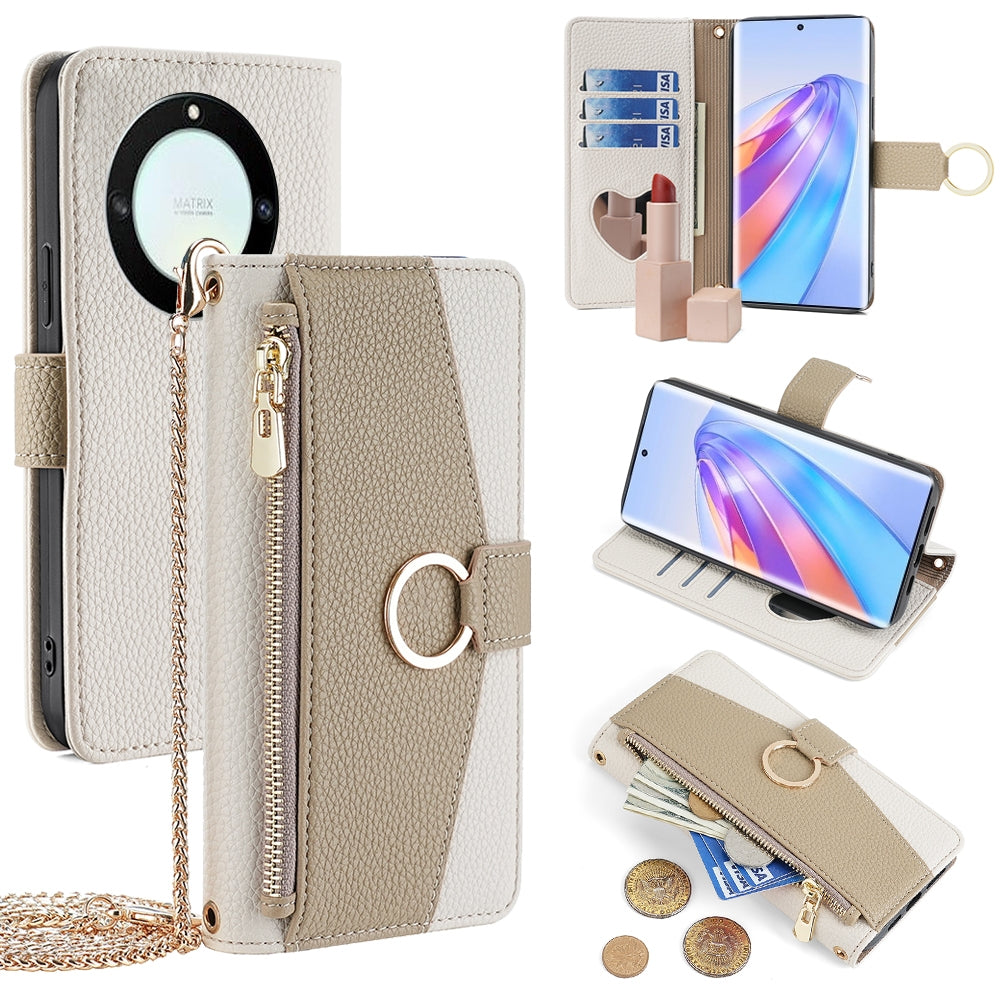 Honor X40 Crossbody Phone Case with Litchi Texture Leather, Adjustable Kickstand, Card Slots, Zipper Purse, Makeup Mirror, and TPU Protection