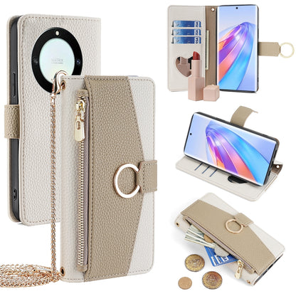 Honor X40 Crossbody Phone Case with Litchi Texture Leather, Adjustable Kickstand, Card Slots, Zipper Purse, Makeup Mirror, and TPU Protection