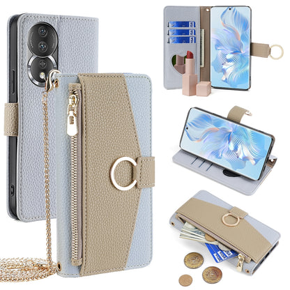 Honor 80 Crossbody Phone Case with Litchi Texture Leather, Adjustable Kickstand, Card Slots, Zipper Purse, Makeup Mirror, and TPU Protection