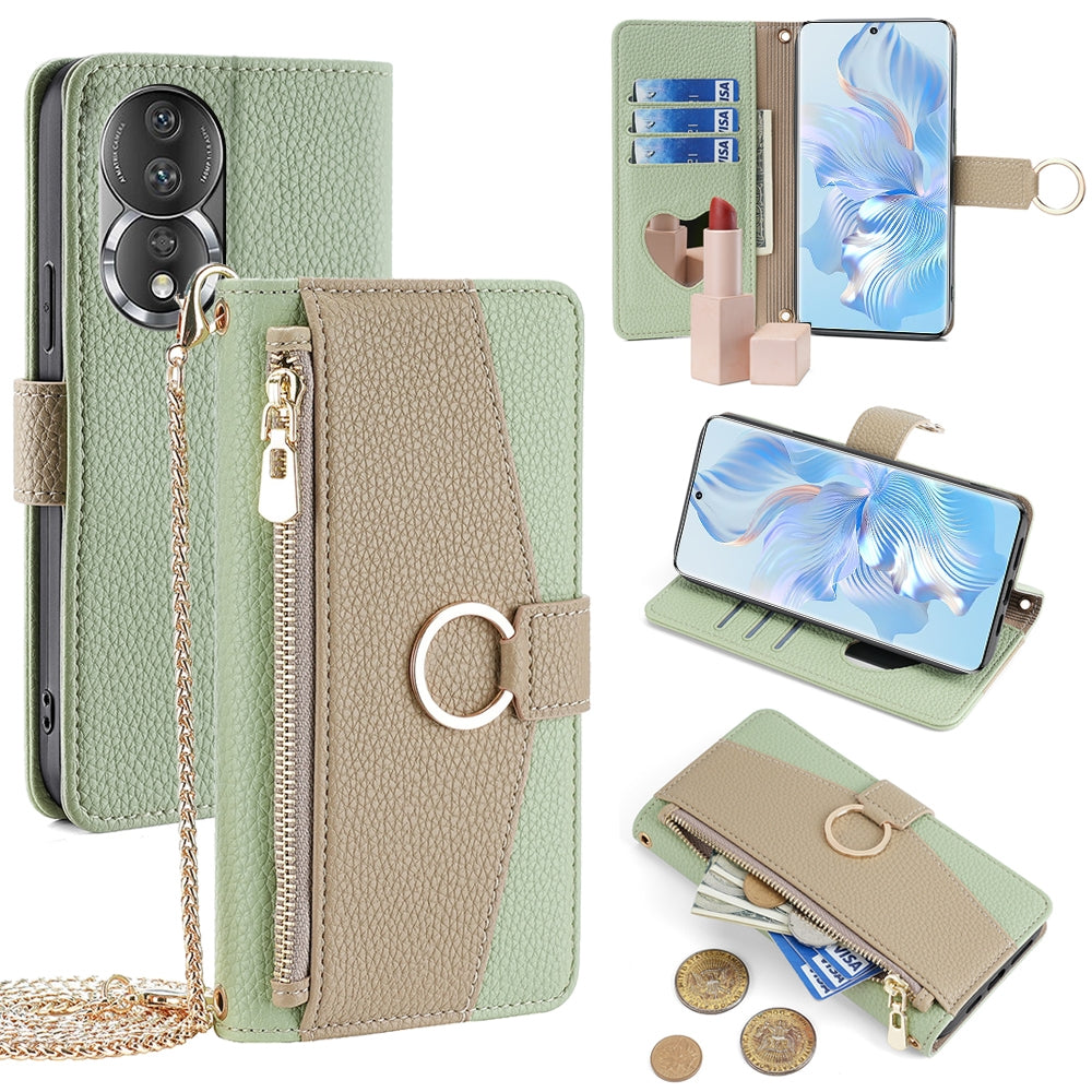 Honor 80 Crossbody Phone Case with Litchi Texture Leather, Adjustable Kickstand, Card Slots, Zipper Purse, Makeup Mirror, and TPU Protection