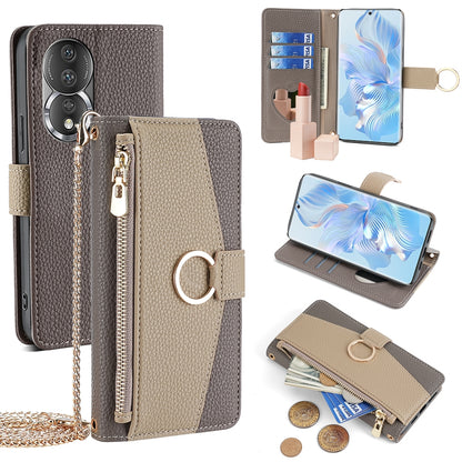 Honor 80 Crossbody Phone Case with Litchi Texture Leather, Adjustable Kickstand, Card Slots, Zipper Purse, Makeup Mirror, and TPU Protection