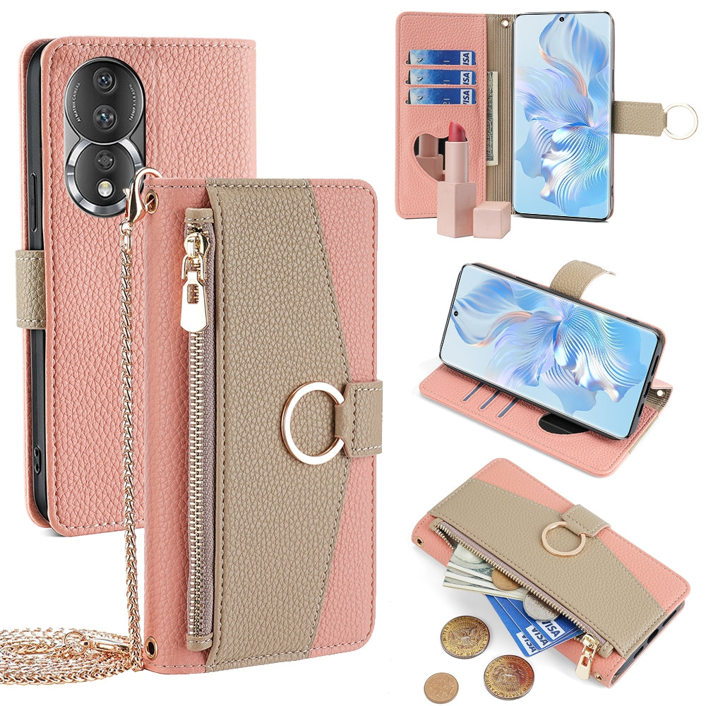 Honor 80 Crossbody Phone Case with Litchi Texture Leather, Adjustable Kickstand, Card Slots, Zipper Purse, Makeup Mirror, and TPU Protection