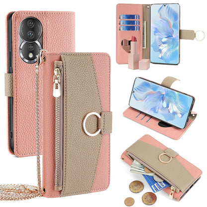 Honor 80 Crossbody Phone Case with Litchi Texture Leather, Adjustable Kickstand, Card Slots, Zipper Purse, Makeup Mirror, and TPU Protection