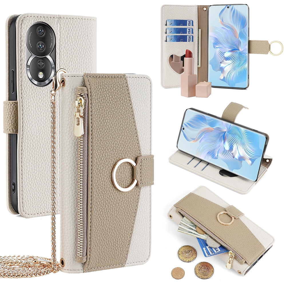 Honor 80 Crossbody Phone Case with Litchi Texture Leather, Adjustable Kickstand, Card Slots, Zipper Purse, Makeup Mirror, and TPU Protection