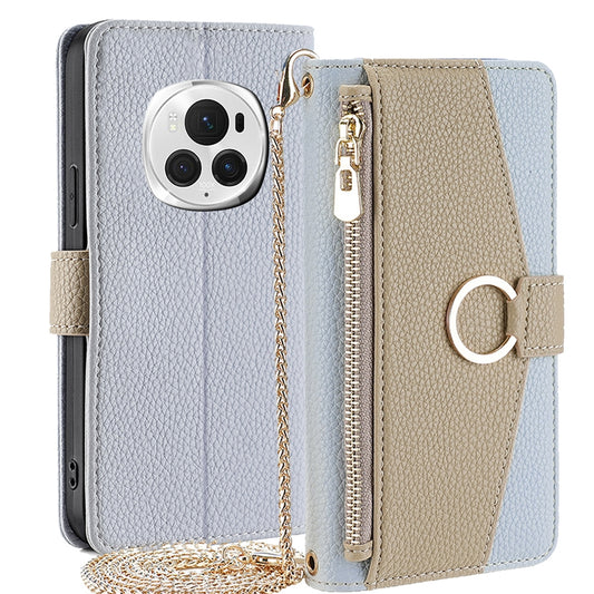 Honor Magic6 Pro 5G Crossbody Phone Case with Litchi Texture Leather, Adjustable Kickstand, Card Slots, Zipper Purse, Makeup Mirror, and TPU Protection