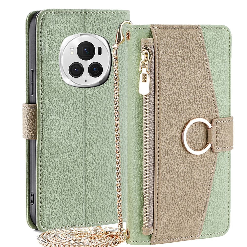 Honor Magic6 Pro 5G Crossbody Phone Case with Litchi Texture Leather, Adjustable Kickstand, Card Slots, Zipper Purse, Makeup Mirror, and TPU Protection