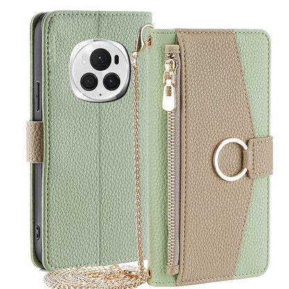 Honor Magic6 Pro 5G Crossbody Phone Case with Litchi Texture Leather, Adjustable Kickstand, Card Slots, Zipper Purse, Makeup Mirror, and TPU Protection