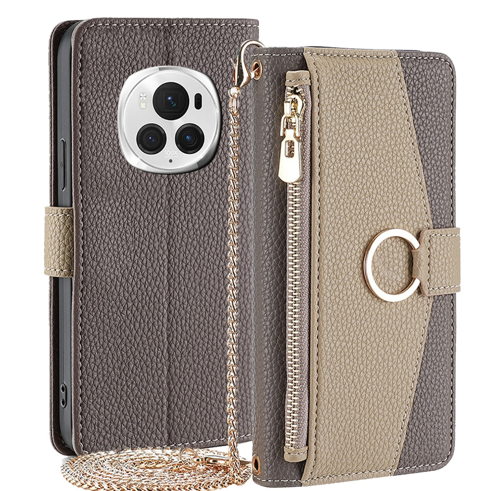 Honor Magic6 Pro 5G Crossbody Phone Case with Litchi Texture Leather, Adjustable Kickstand, Card Slots, Zipper Purse, Makeup Mirror, and TPU Protection