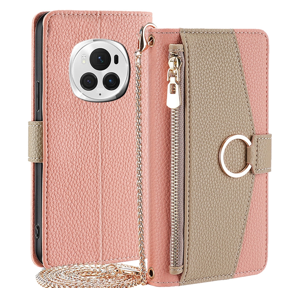 Honor Magic6 Pro 5G Crossbody Phone Case with Litchi Texture Leather, Adjustable Kickstand, Card Slots, Zipper Purse, Makeup Mirror, and TPU Protection