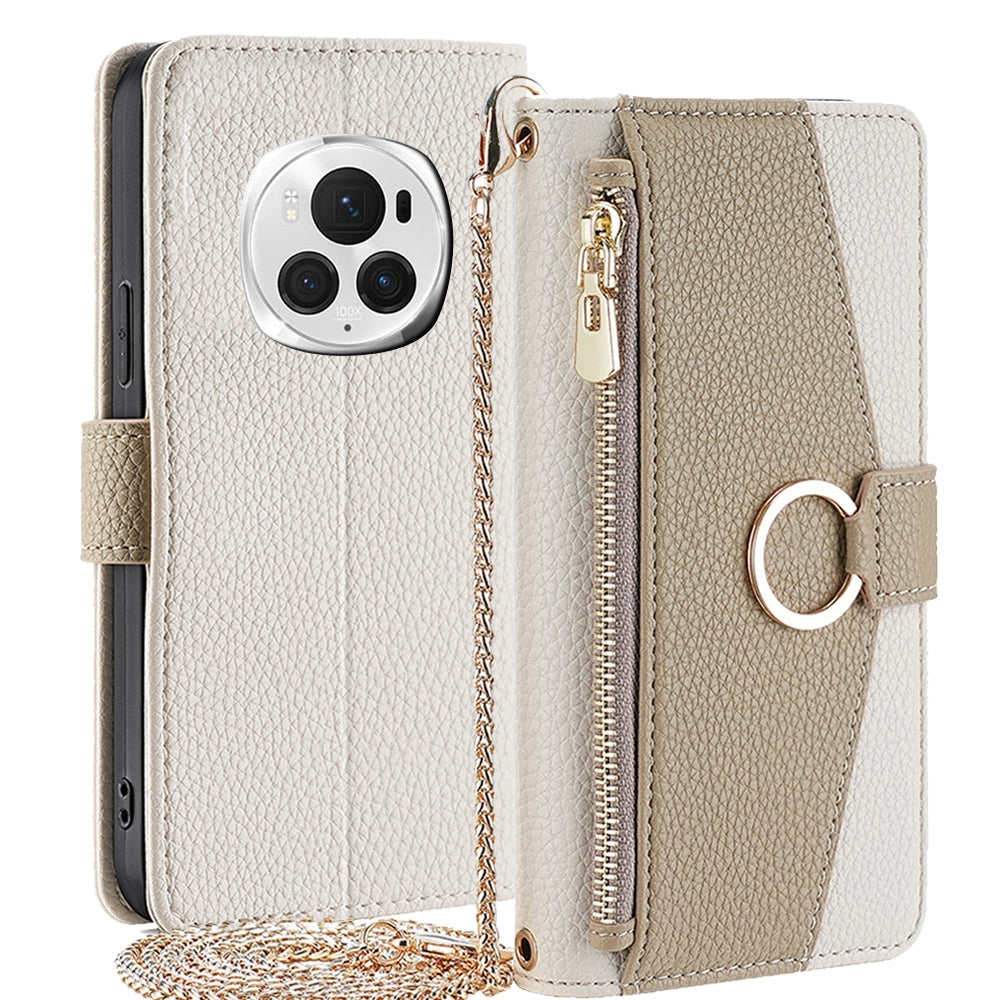 Honor Magic6 Pro 5G Crossbody Phone Case with Litchi Texture Leather, Adjustable Kickstand, Card Slots, Zipper Purse, Makeup Mirror, and TPU Protection