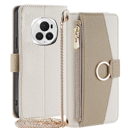Honor Magic6 Pro 5G Crossbody Phone Case with Litchi Texture Leather, Adjustable Kickstand, Card Slots, Zipper Purse, Makeup Mirror, and TPU Protection