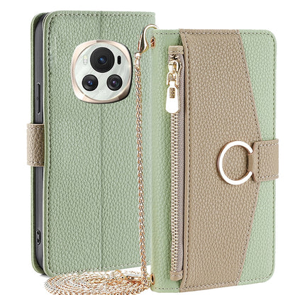 Honor Magic6 5G Crossbody Phone Case with Litchi Texture Leather, Adjustable Kickstand, Card Slots, Zipper Purse, Makeup Mirror, and TPU Protection