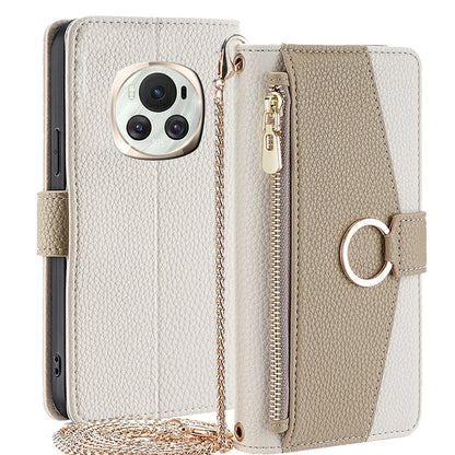 Honor Magic6 5G Crossbody Phone Case with Litchi Texture Leather, Adjustable Kickstand, Card Slots, Zipper Purse, Makeup Mirror, and TPU Protection
