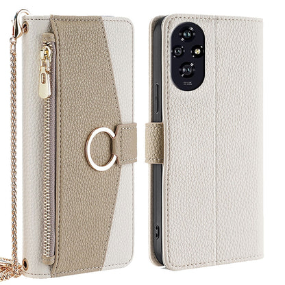 Honor 200 5G Crossbody Phone Case with Litchi Texture Leather, Adjustable Kickstand, Card Slots, Zipper Purse, Makeup Mirror, and TPU Protection
