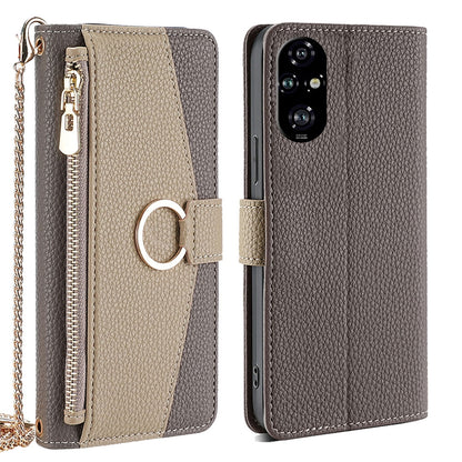 Honor 200 Pro 5G Crossbody Phone Case with Litchi Texture Leather, Adjustable Kickstand, Card Slots, Zipper Purse, Makeup Mirror, and TPU Protection