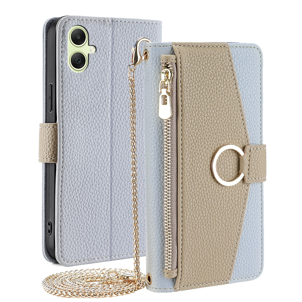 Samsung Galaxy A05 4G Crossbody Phone Case with Litchi Texture Leather, Adjustable Kickstand, Card Slots, Zipper Purse, Makeup Mirror, and TPU Protection