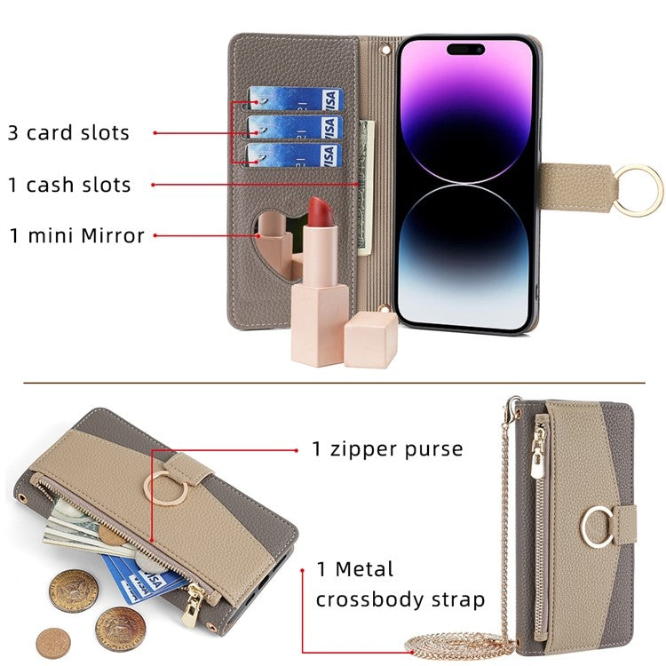 Samsung Galaxy A05 4G Crossbody Phone Case with Litchi Texture Leather, Adjustable Kickstand, Card Slots, Zipper Purse, Makeup Mirror, and TPU Protection