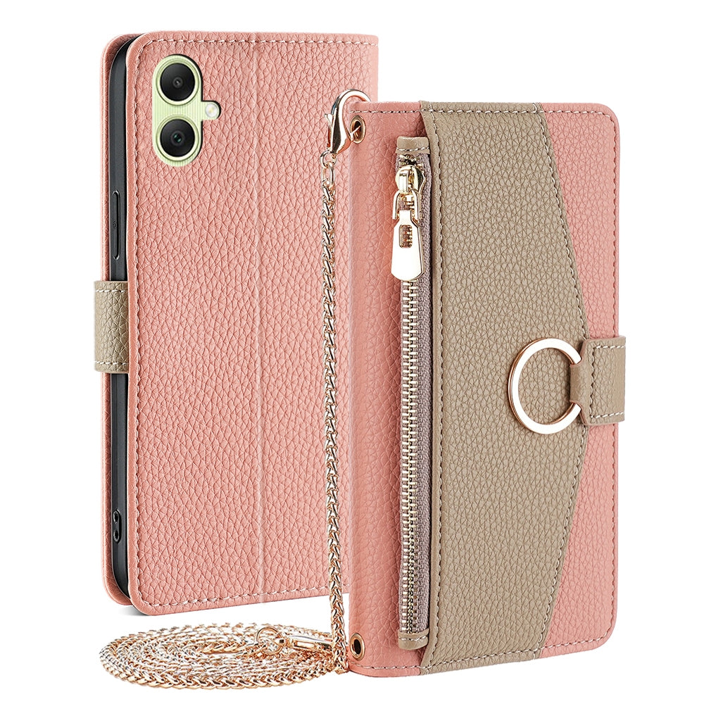Samsung Galaxy A05 4G Crossbody Phone Case with Litchi Texture Leather, Adjustable Kickstand, Card Slots, Zipper Purse, Makeup Mirror, and TPU Protection