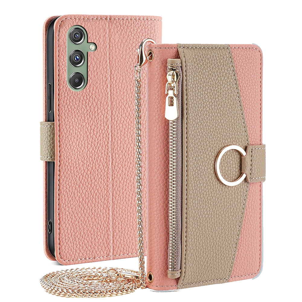 Samsung Galaxy M34 5G Crossbody Phone Case with Litchi Texture Leather, Adjustable Kickstand, Card Slots, Zipper Purse, Makeup Mirror, and TPU Protection